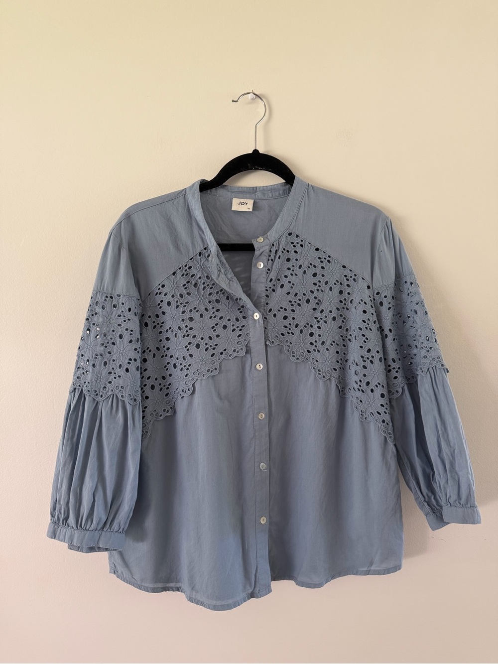 100% Cotton Blue Minimalist Cottage Peasant Preppy Eyelet Embroidered Blouse M